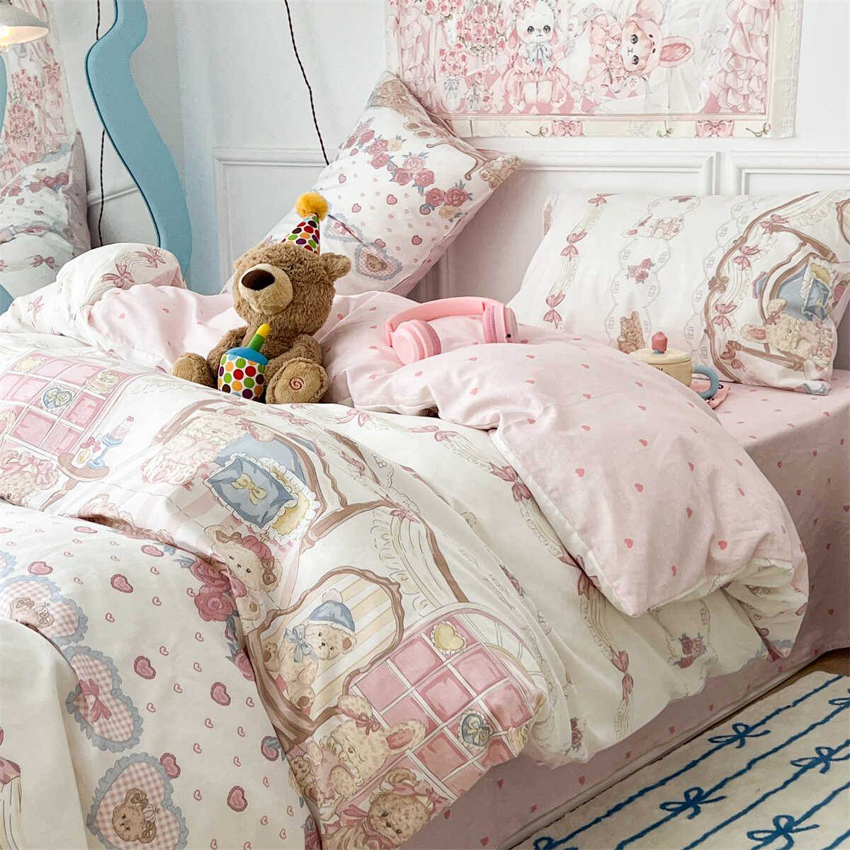 Teddy Tea Party Bedding Set — Pastel Storybook Duvet Cover and Pillowcases — Front view