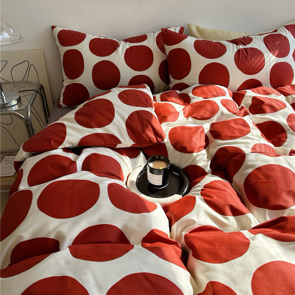 Red Large Polka Dot Bedding Set — Soft-Touch Cotton Duvet & Pillowcases — Front view