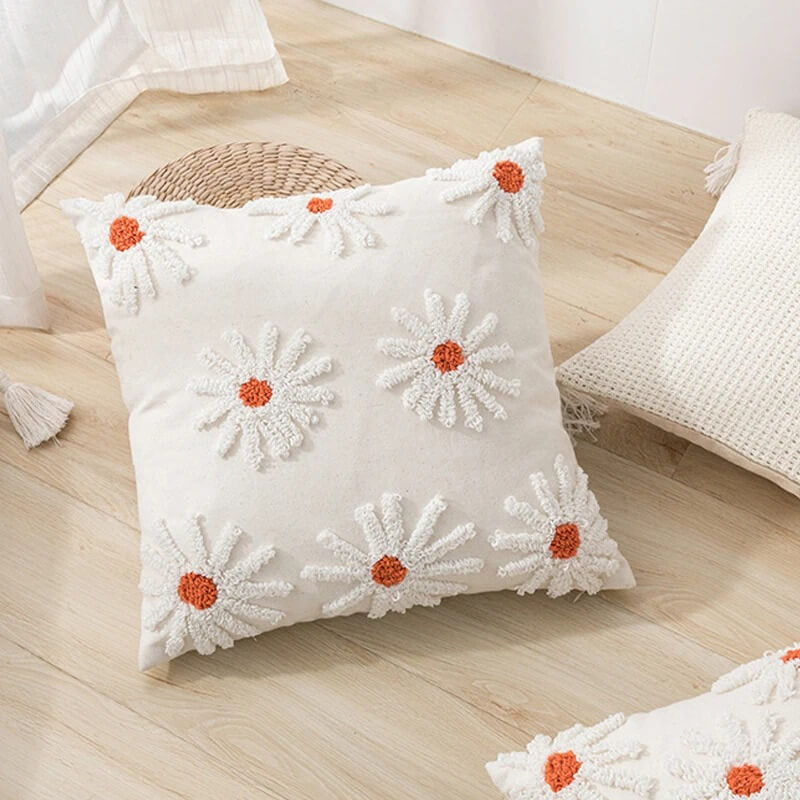 Light Beige Tufted Flower Cushion Cover — Soft Textured Pillow for Bedroom Layering — Detail
