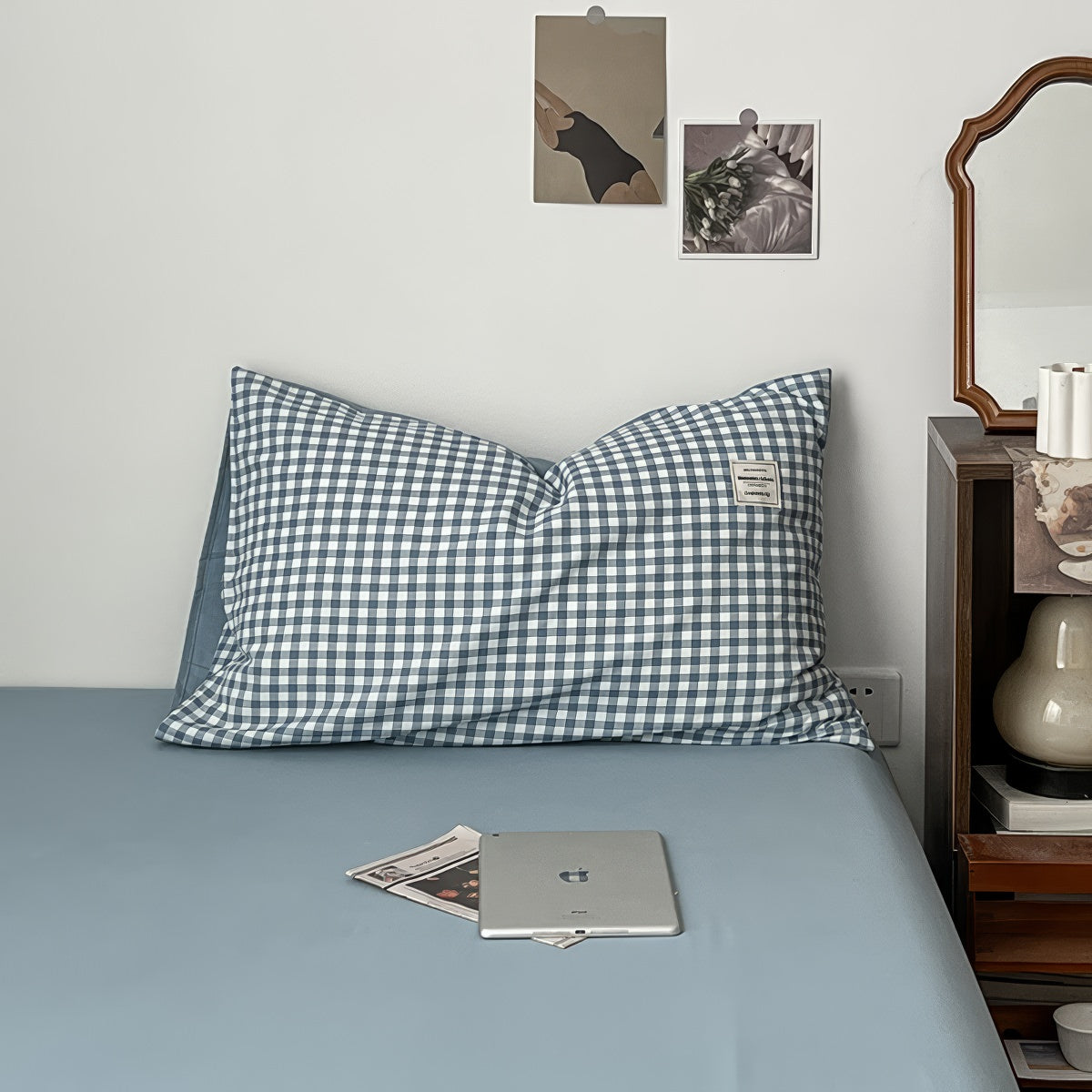 Light Blue Gingham Bedding Set — Soft-Touch Cotton Duvet & Pillowcases — Lifestyle 7