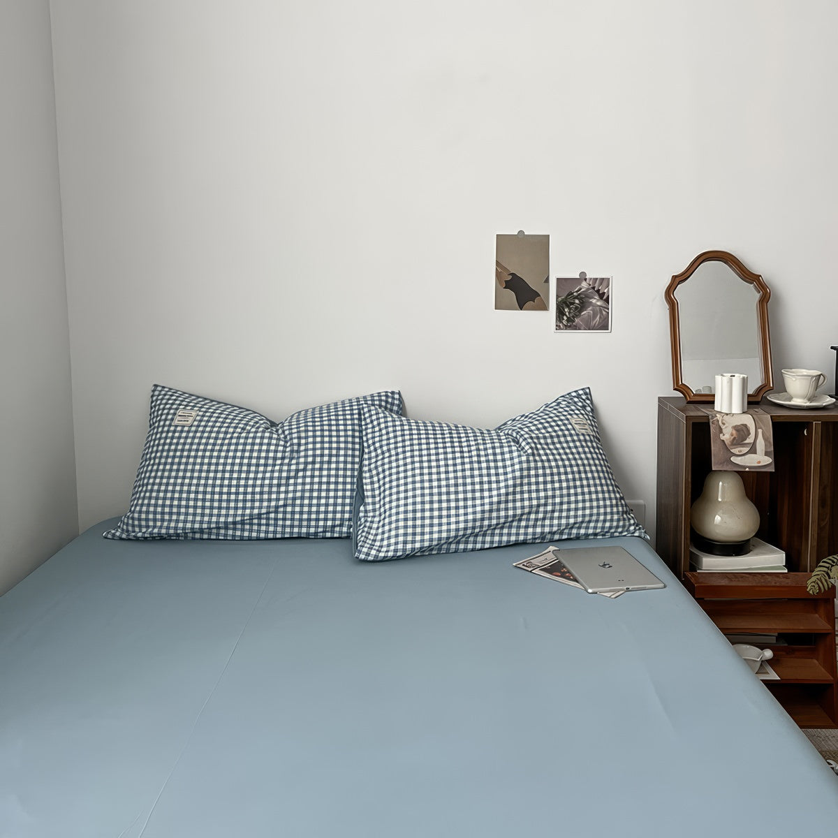 Light Blue Gingham Bedding Set — Cotton Duvet & Pillowcases — Lifestyle 8