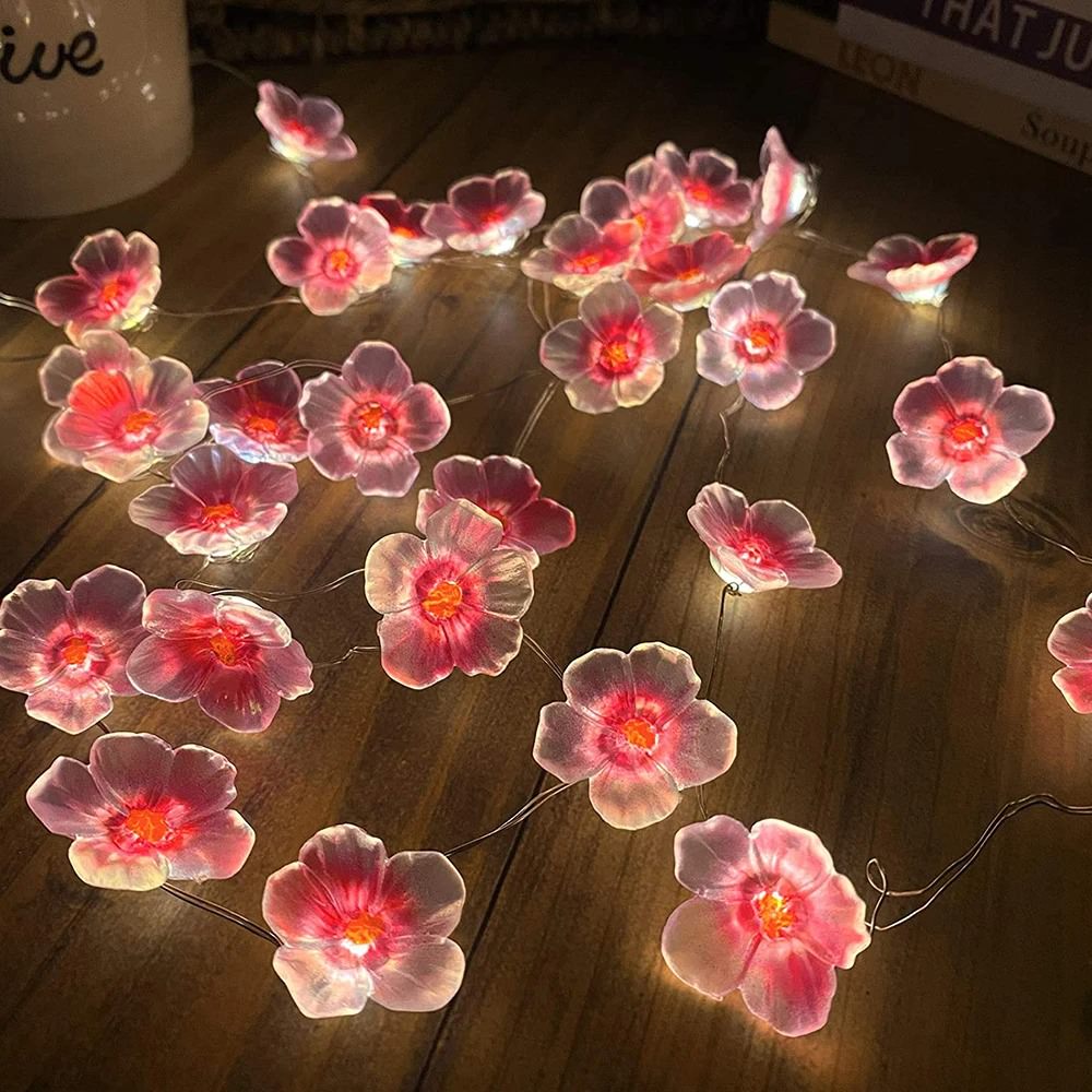 Little Pink Flowers Fairy String Lights — Warm LED Mood Lighting for Bedside — Front view
