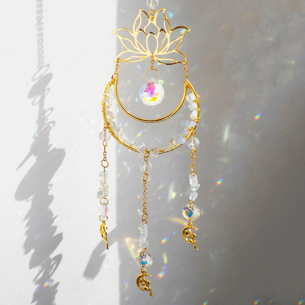 Crystal Lotus Suncatcher — Window Prism with Moon Pendant for Soft Light — Front view