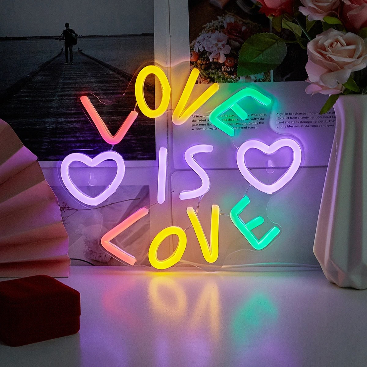 Love is Love Neon Sign — Warm LED Mood Lighting for Bedside — Front view