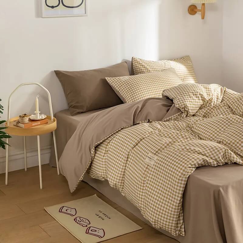 Mini Plaid Print Pastel Bedding Set — Soft-Touch Cotton Duvet & Pillowcases — Front view