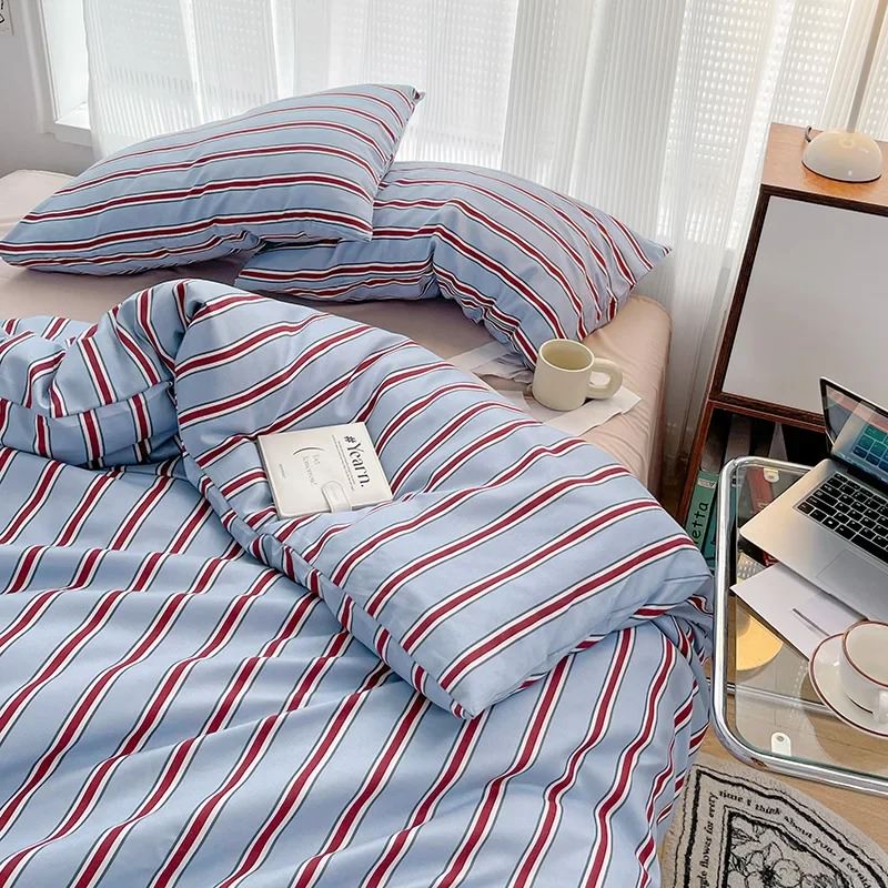 Minimalist Red Striped Light Blue Bedding Set — Soft-Touch Cotton Duvet & Pillowcases — Lifestyle 6