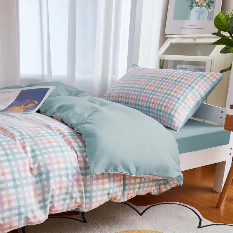Pastel Blue Plaid Dorm Bedding Set — Soft-Touch Cotton Duvet & Pillowcases — Lifestyle 2