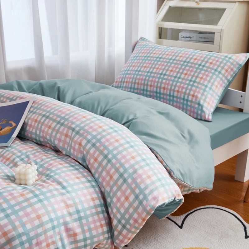 Pastel Blue Plaid Dorm Bedding Set — Soft-Touch Cotton Duvet & Pillowcases — Lifestyle 1