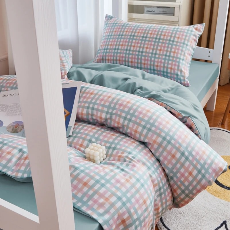 Pastel Blue Plaid Dorm Bedding Set — Soft-Touch Cotton Duvet & Pillowcases — Front view