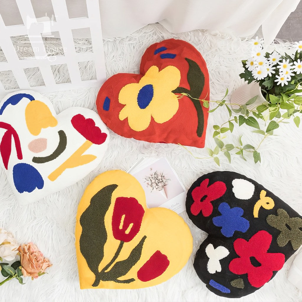 Tufted Heart Cushion — Embroidered Floral Print for Bedroom Decor — Lifestyle 5