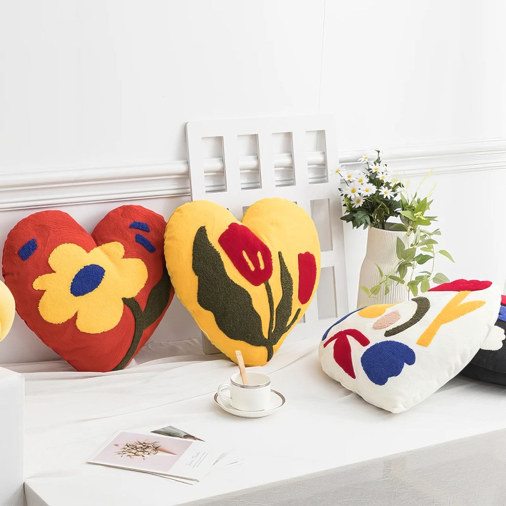 Tufted Heart Cushion — Embroidered Floral Print for Bedroom Decor — Lifestyle 7