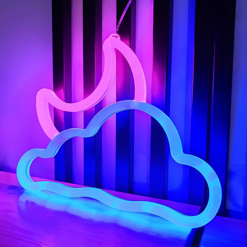 Blue/Pink Moon & Cloud LED Neon Wall Sign — Detail