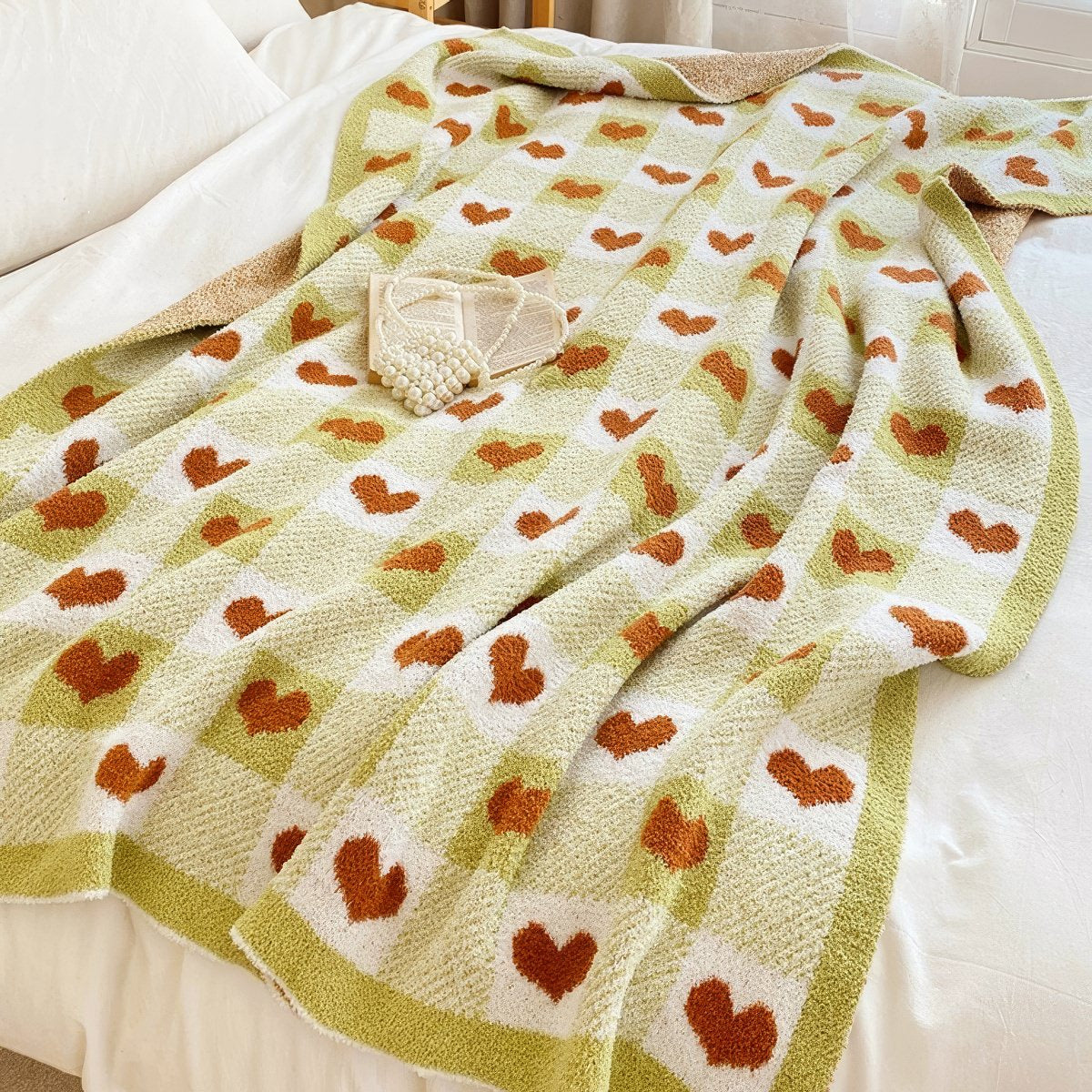 Olive Checker with Hearts Throw Blanket — Soft Layered Throw for Couch and Bed — Lifestyle 1