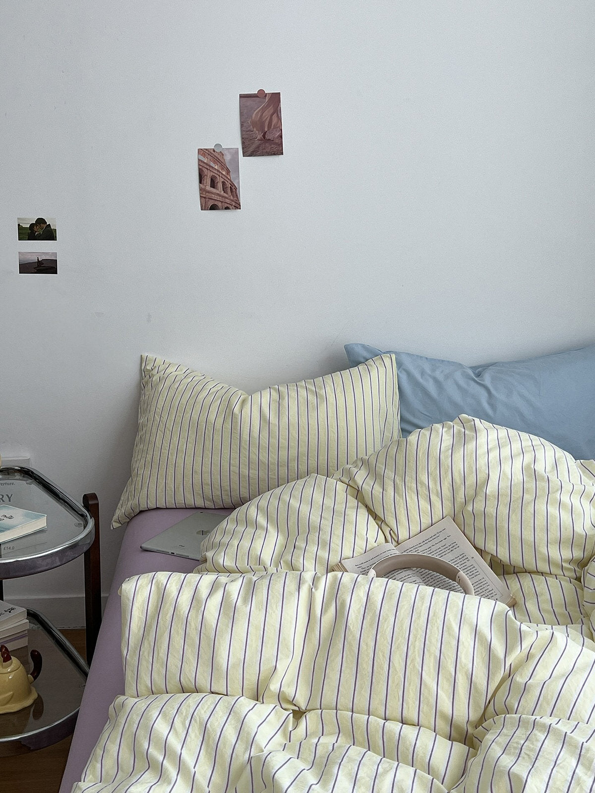 Pale Lemon Pinstripe Bedding Set — Soft-Touch Cotton Duvet & Pillowcases — Lifestyle 2
