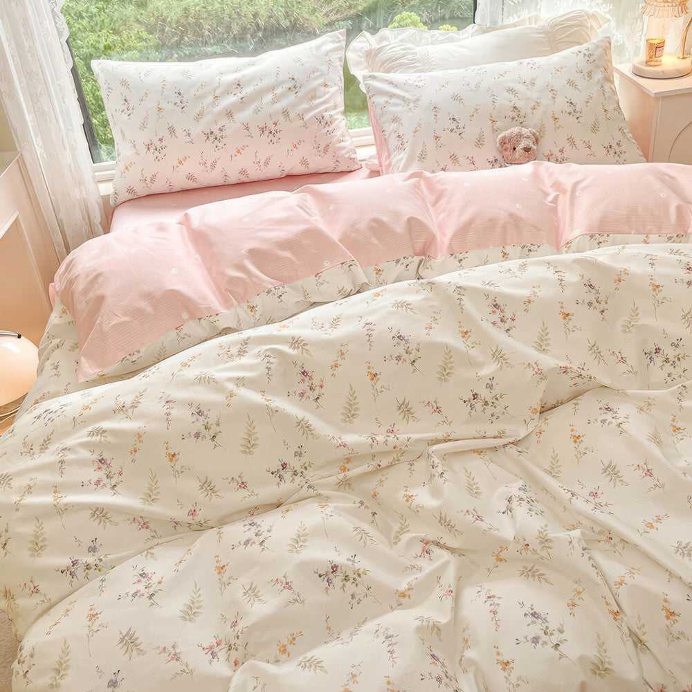 Pale Pink Floral Print Bedding Set — Soft-Touch Cotton Duvet & Pillowcases — Lifestyle 2