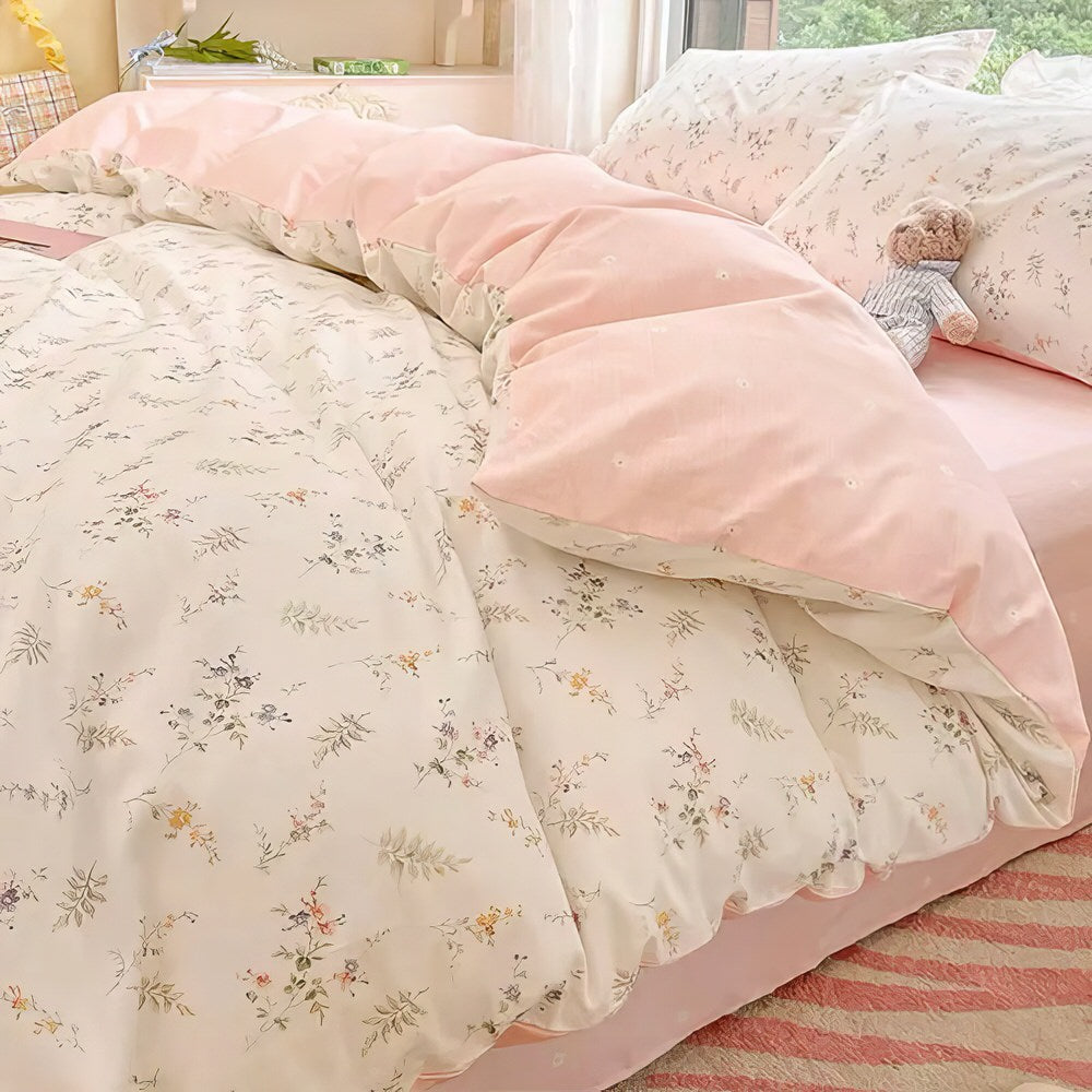 Pale Pink Floral Print Bedding Set — Soft-Touch Cotton Duvet & Pillowcases — Front view