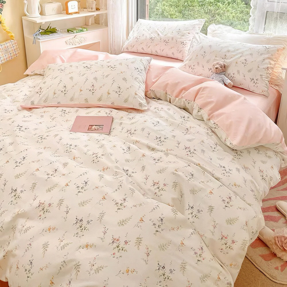 Pale Pink Floral Print Bedding Set — Soft-Touch Cotton Duvet & Pillowcases — Lifestyle 3