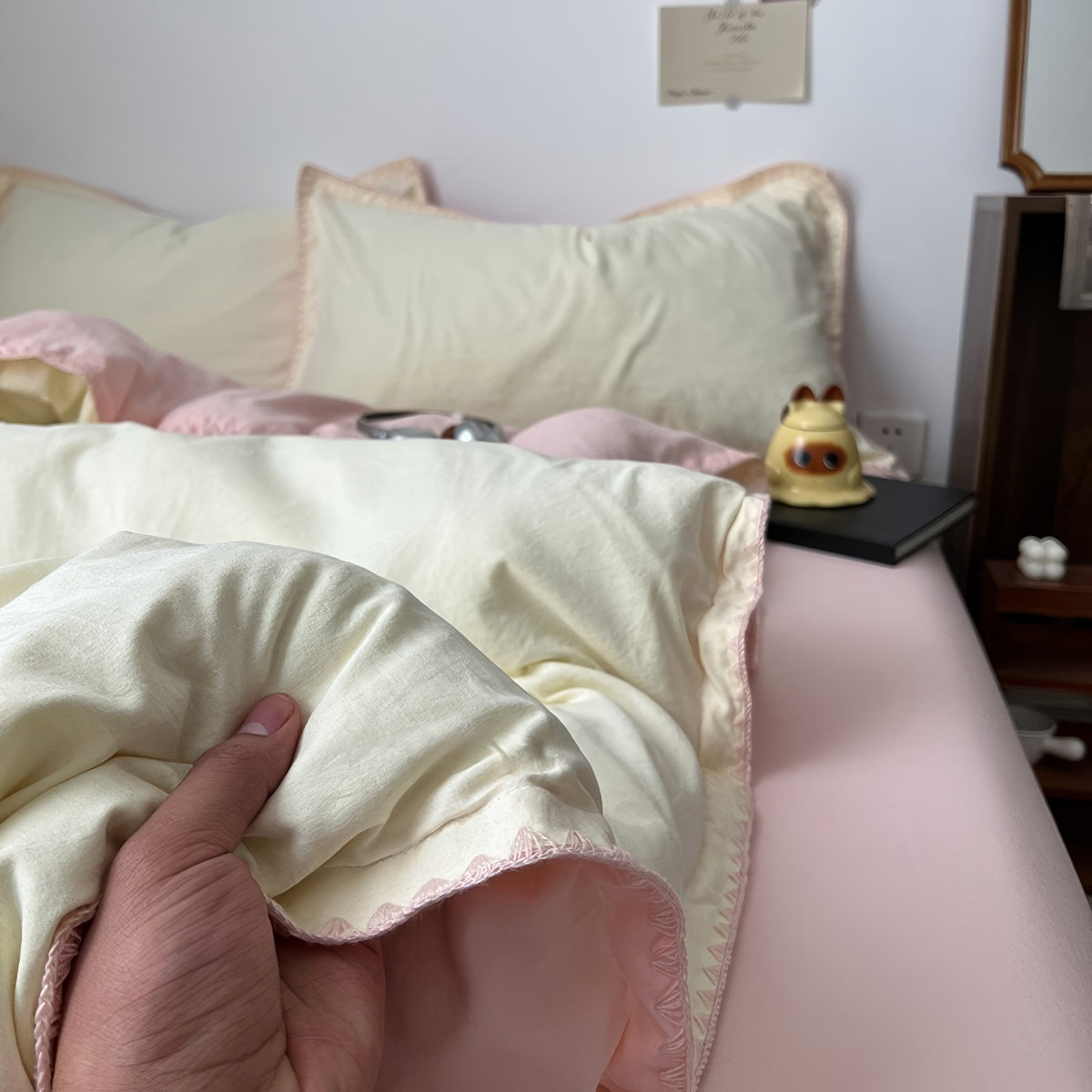 Pale Pink & Yellow Pastel Bedding Set — Soft-Touch Cotton Duvet & Pillowcases — Lifestyle 1