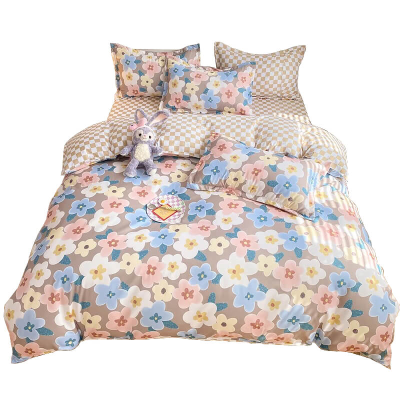 Pastel Brown Flowers Bedding Set — Soft-Touch Cotton Duvet & Pillowcases — Front view