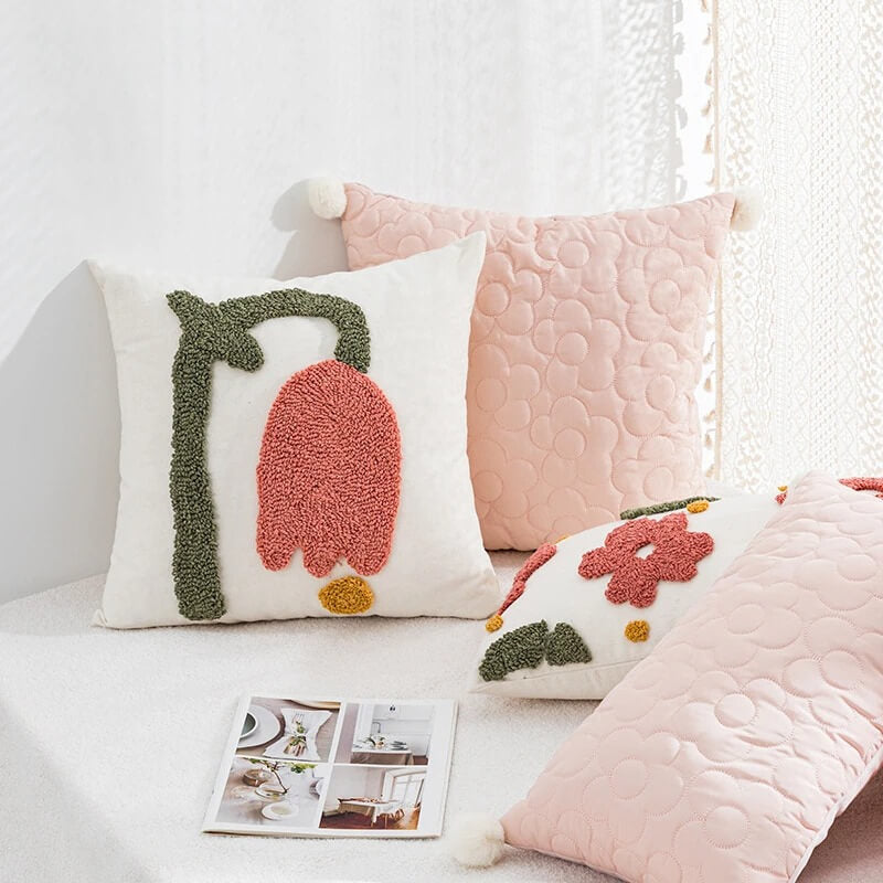 Tufted Pastel Tulip Cushion Cover — Soft Textured Pillow for Bedroom Layering — Front view