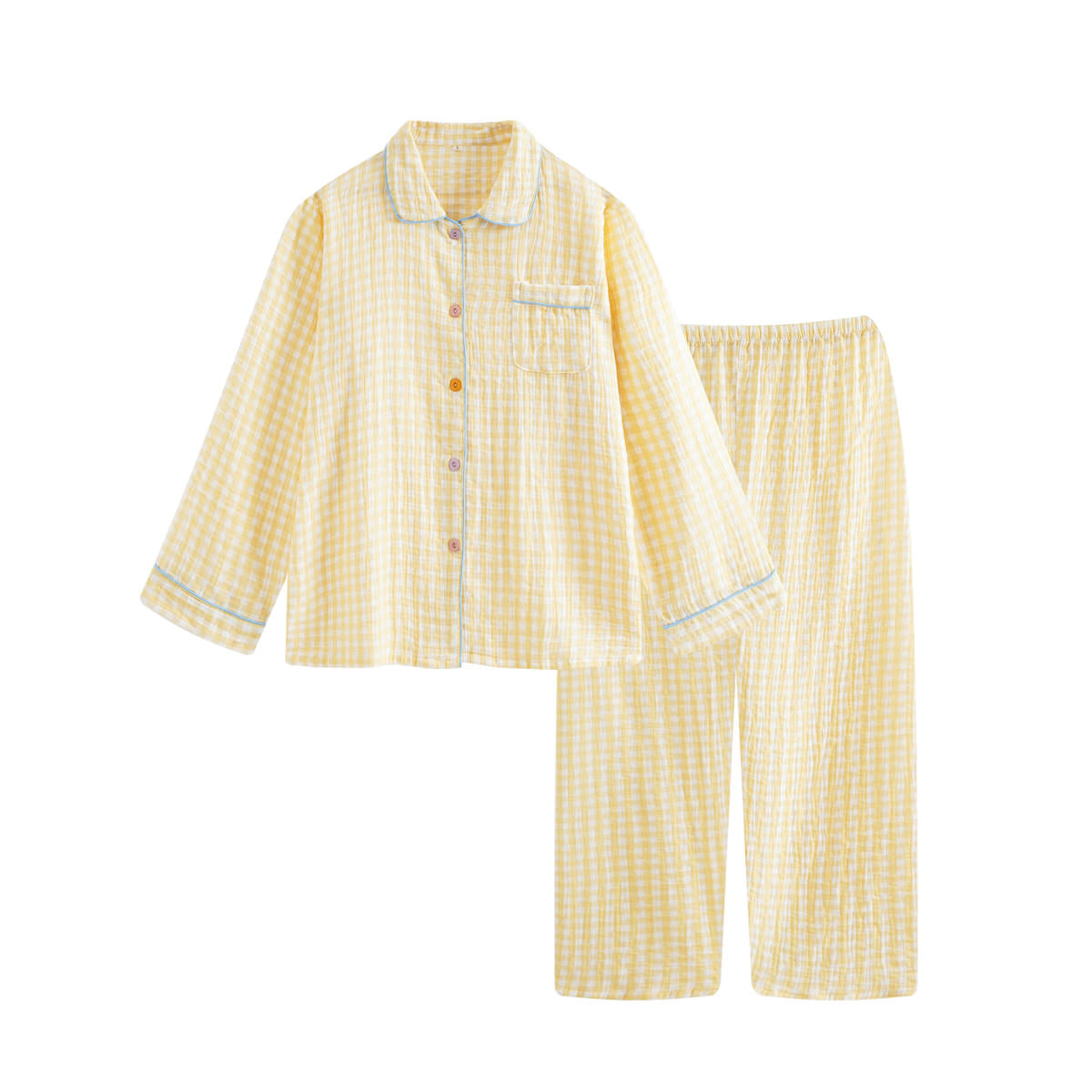 Cotton Gauze Pajama Set — Long-Sleeve Gingham Loungewear for Cool Nights — Front view