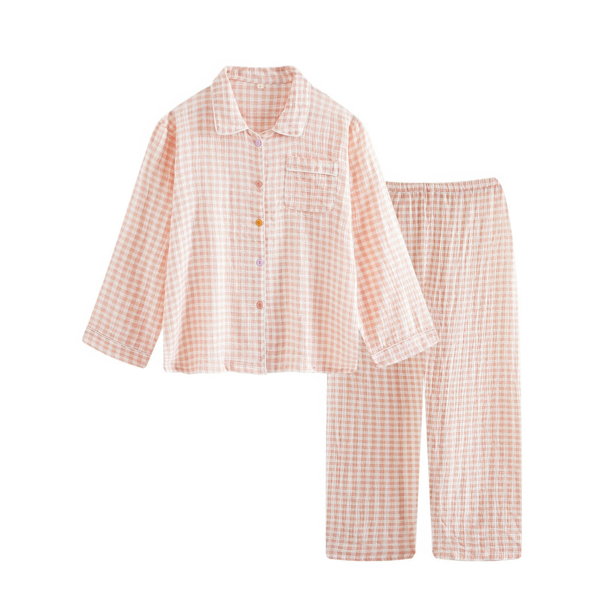 Cotton Gauze Pajama Set — Long-Sleeve Gingham Loungewear for Cool Nights — Lifestyle 3
