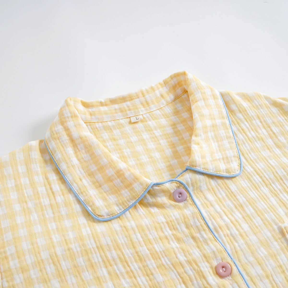 Cotton Gauze Pajama Set — Long-Sleeve Gingham Loungewear for Cool Nights — Detail