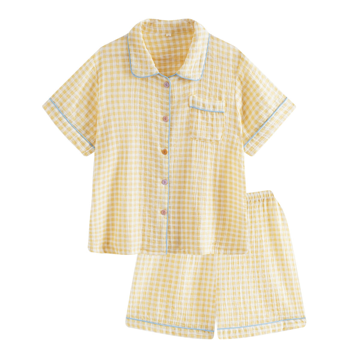Cotton Gauze Pajama Set — Short-Sleeve Gingham Loungewear for Warm Nights — Front view