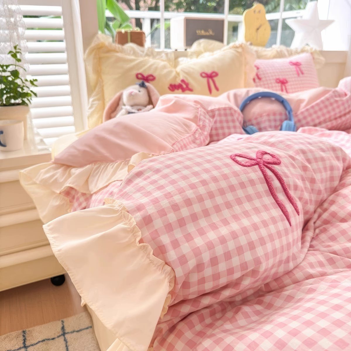 Pastel Pink Gingham with Bows Bedding Set — Soft-Touch Cotton Duvet & Pillowcases — Lifestyle 3