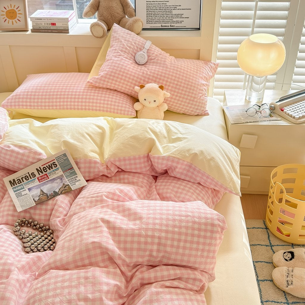 Pastel Plaid Double-Sided Bedding Set — Soft-Touch Cotton Duvet & Pillowcases — Lifestyle 3