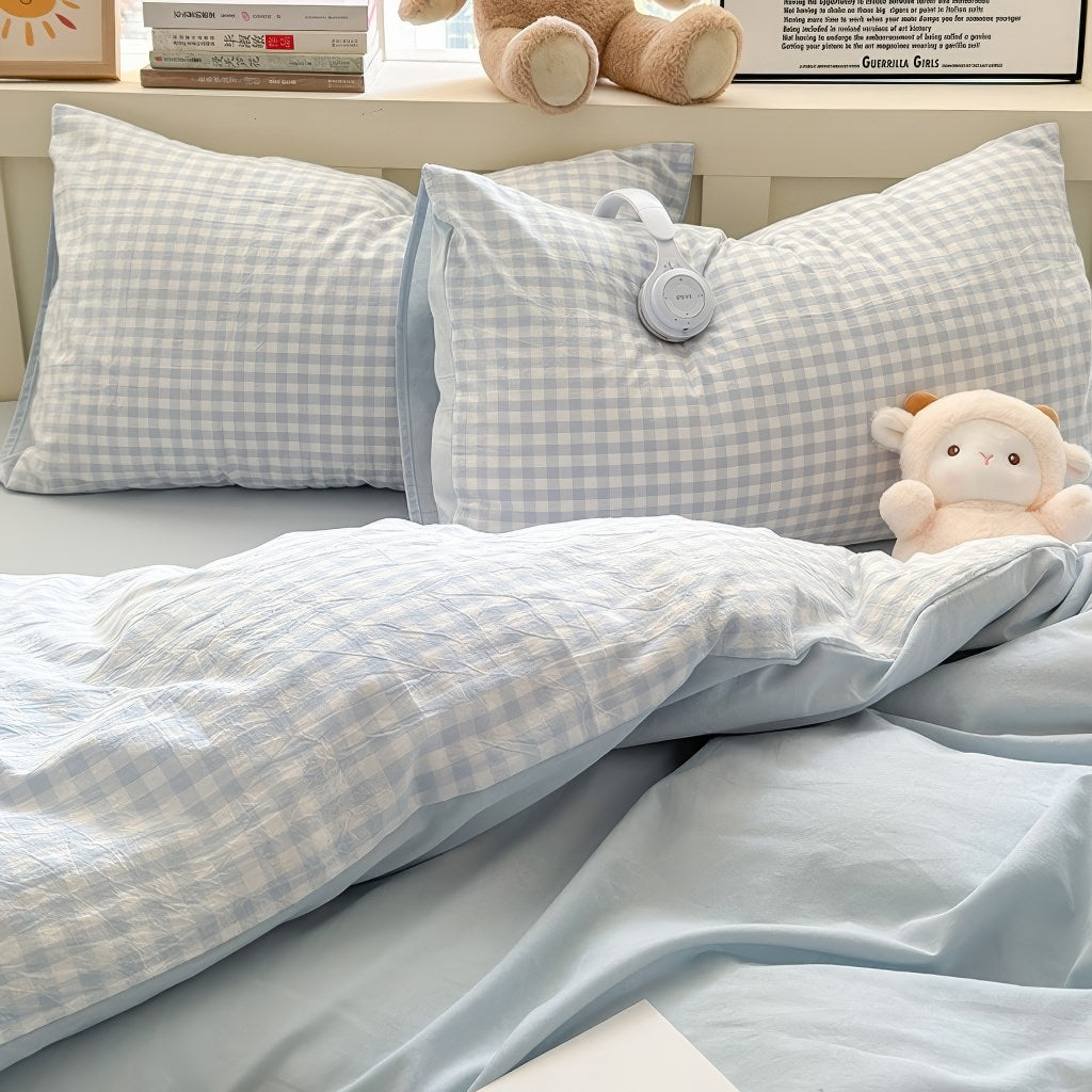 Pastel Plaid Double-Sided Bedding Set — Soft-Touch Cotton Duvet & Pillowcases — Lifestyle 1