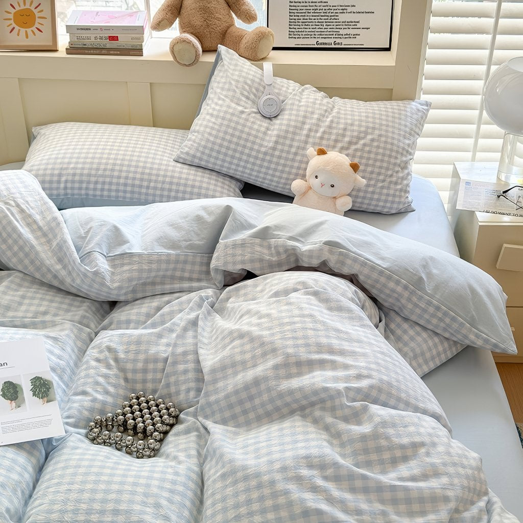Pastel Plaid Double-Sided Bedding Set — Soft-Touch Cotton Duvet & Pillowcases — Front view