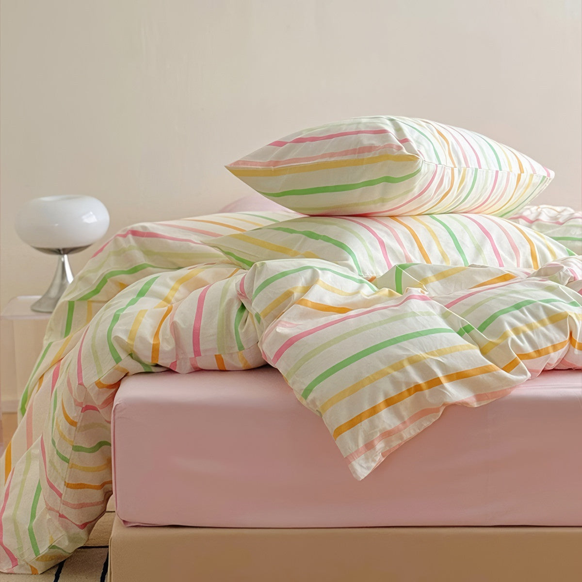 Colorful Pastel Stripes Bedding Set — Soft-Touch Cotton Duvet & Pillowcases — Lifestyle 4