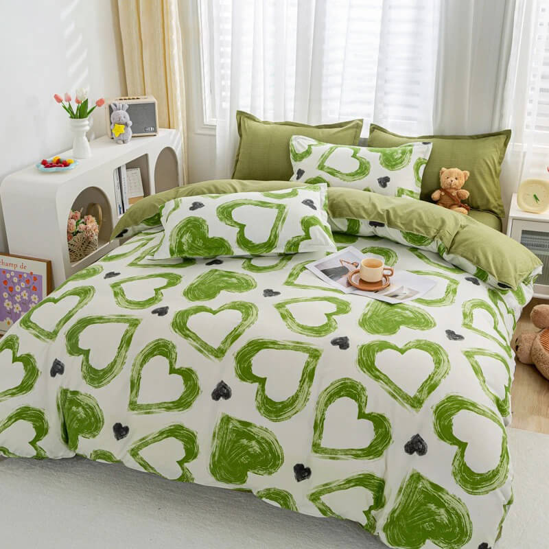 Green Hearts Bedding Set — Soft-Touch Cotton Duvet & Pillowcases — Lifestyle 1