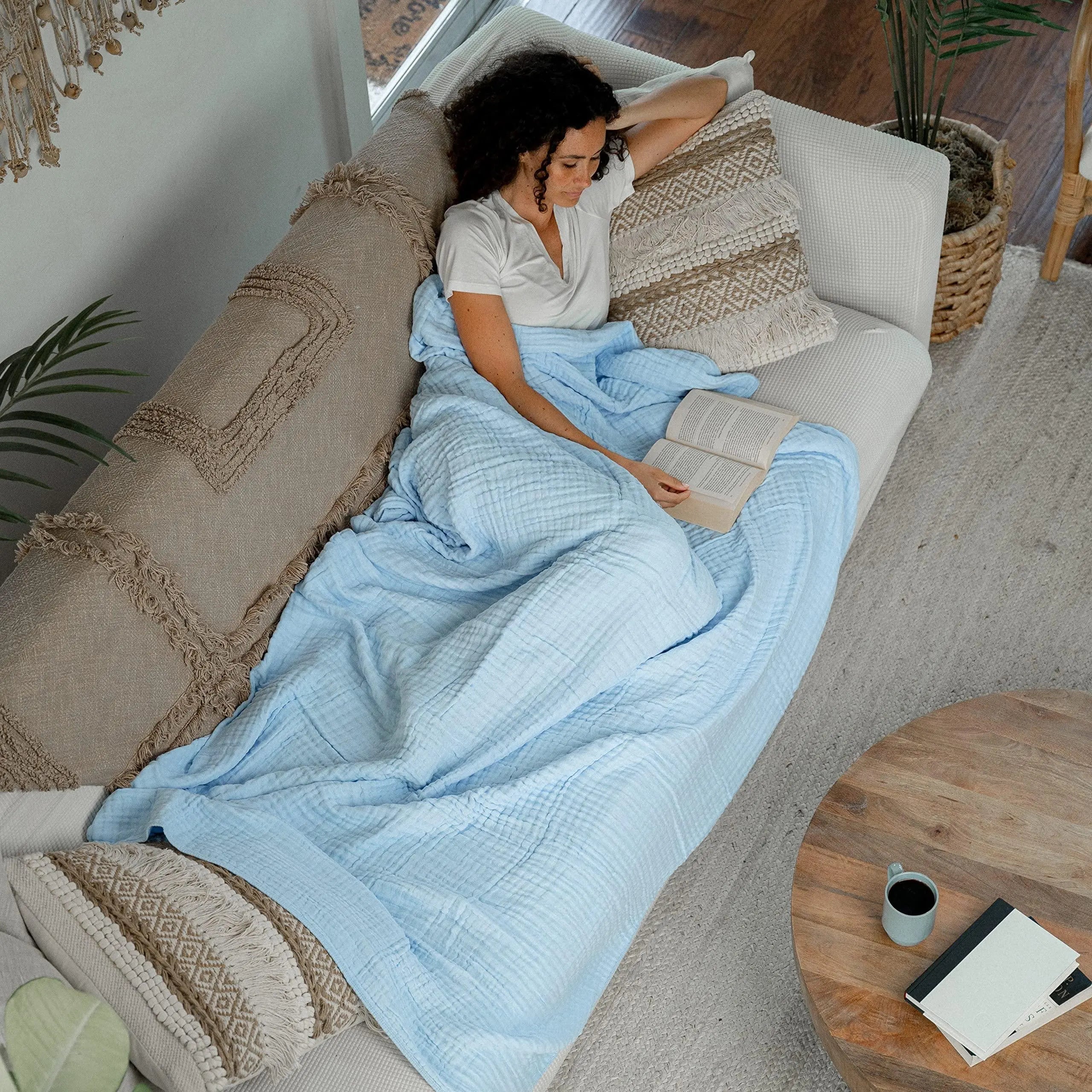 Cotton Muslin Boho Throw Blanket for Relaxation and Comfort, Available in Yellow, Pink, Blue, Green – Multiple Sizes — Lifest