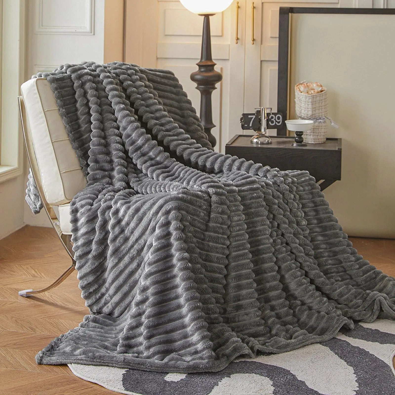 Faux Rabbit Fur Throw Blanket in Light Grey, Milky White, Khaki, or Pink – Available in Single, Double, Queen, and King Sizes