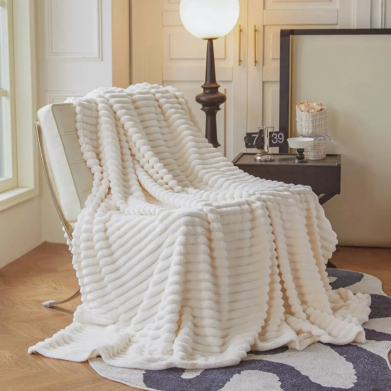 Faux Rabbit Fur Throw Blanket in Light Grey, Milky White, Khaki, or Pink – Available in Single, Double, Queen, and King Sizes