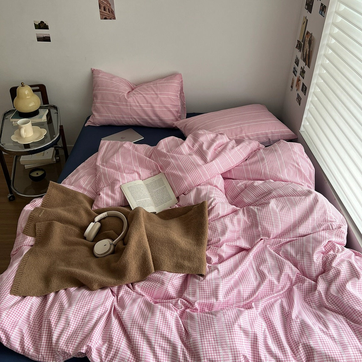 Pink Gingham Stripes Bedding Set — Soft-Touch Cotton Duvet & Pillowcases — Detail