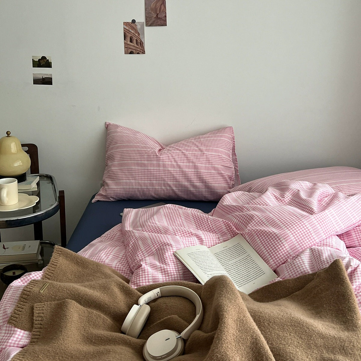 Pink Gingham Stripes Bedding Set — Soft-Touch Cotton Duvet & Pillowcases — Lifestyle 2
