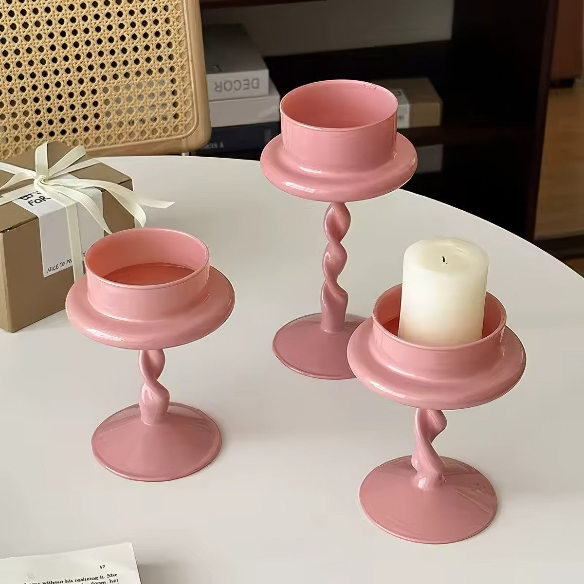 Pink Swirl Glass Pillar Light Holder — Twisted-Stem Centerpiece for Layered Shelves — Lifestyle 1