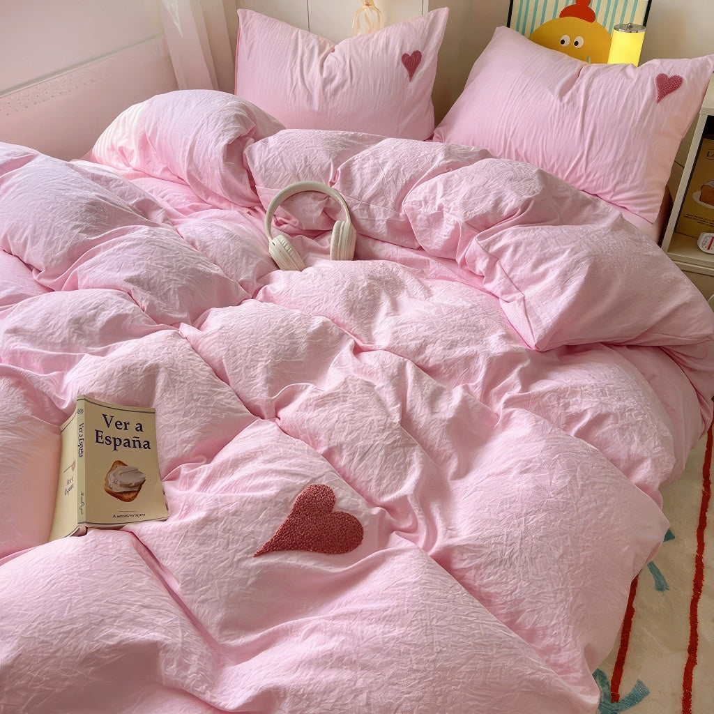 Pink Washed Cotton Bedding Set With Red Embroidered Heart — Front view