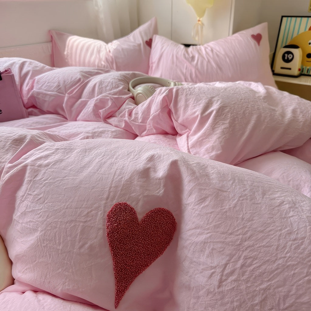 Pink Washed Cotton Bedding Set With Red Embroidered Heart — Lifestyle 3