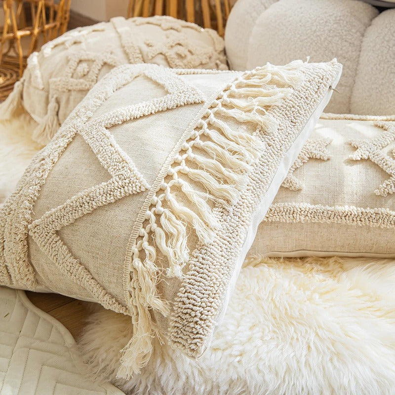 Beige Boho Tufted Cushion Cover — Hand-Tufted Boho Texture for Warm Bedroom Layering — Lifestyle 3