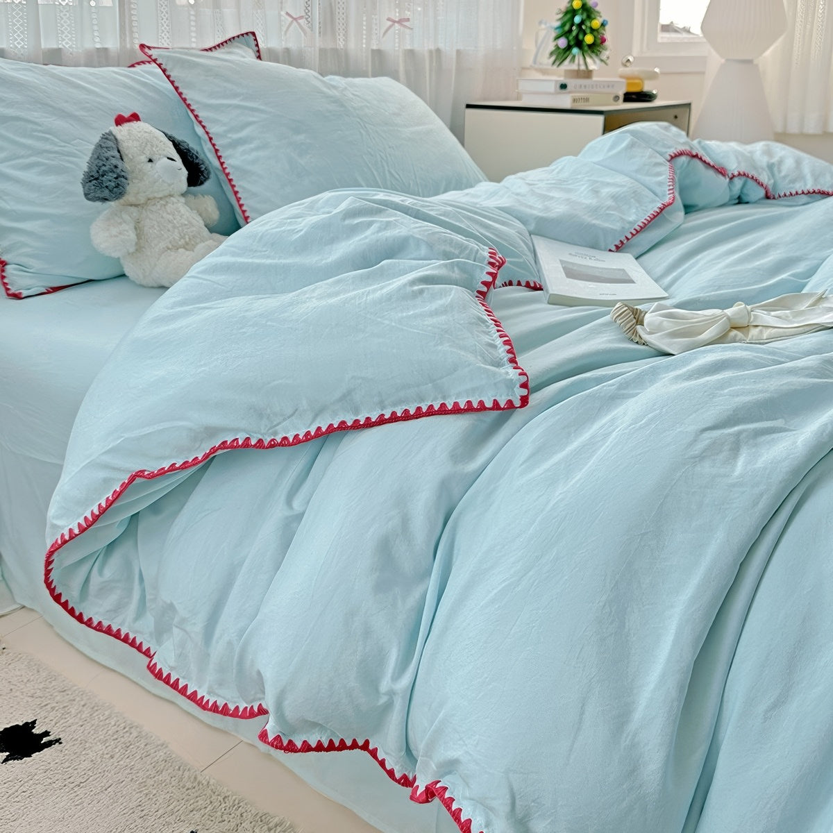 Plain Stitched Shell-Edge Bedding Set — Solid Duvet Cover with Scalloped Trim — Lifestyle 1