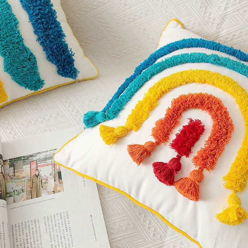 Rainbow Tassels Cushion Cover — Tasselled Rainbow Trim for Bright Bedroom Layering — Detail