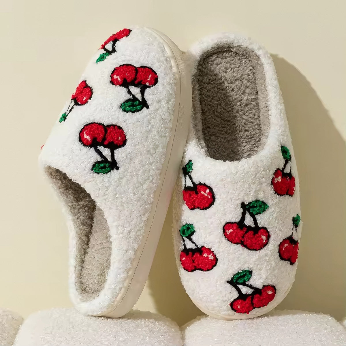 Red Cherries Soft Plush House Slippers — Detail
