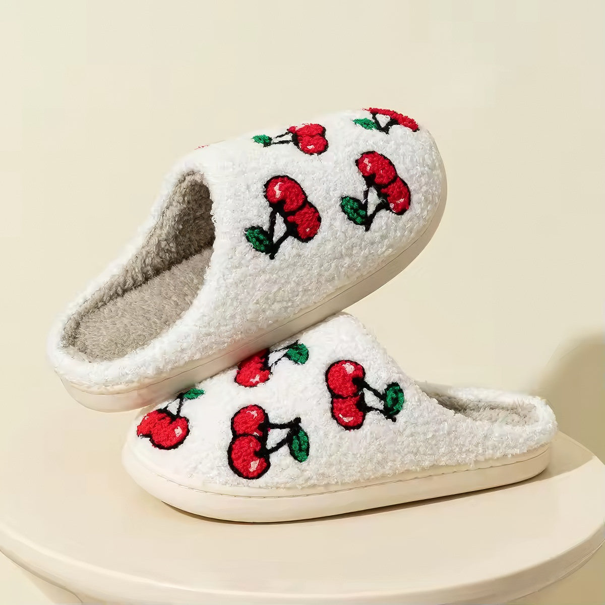 Cherry Print Slippers — Soft Plush House Slippers for Indoor Lounging — Lifestyle 2