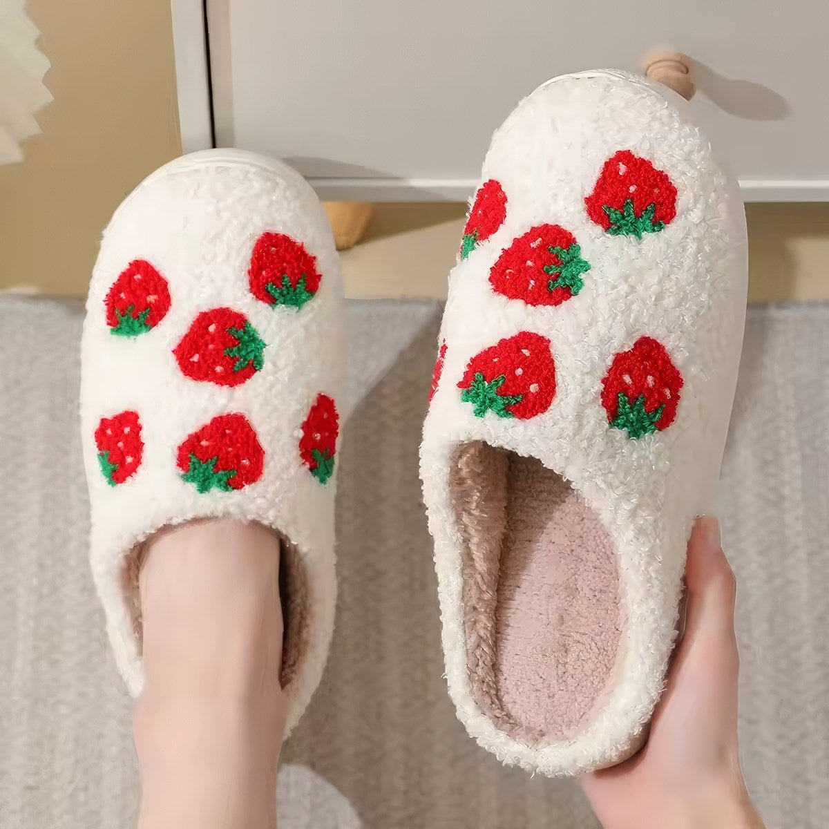 Red Strawberries Soft Plush House Slippers — Lifestyle 1