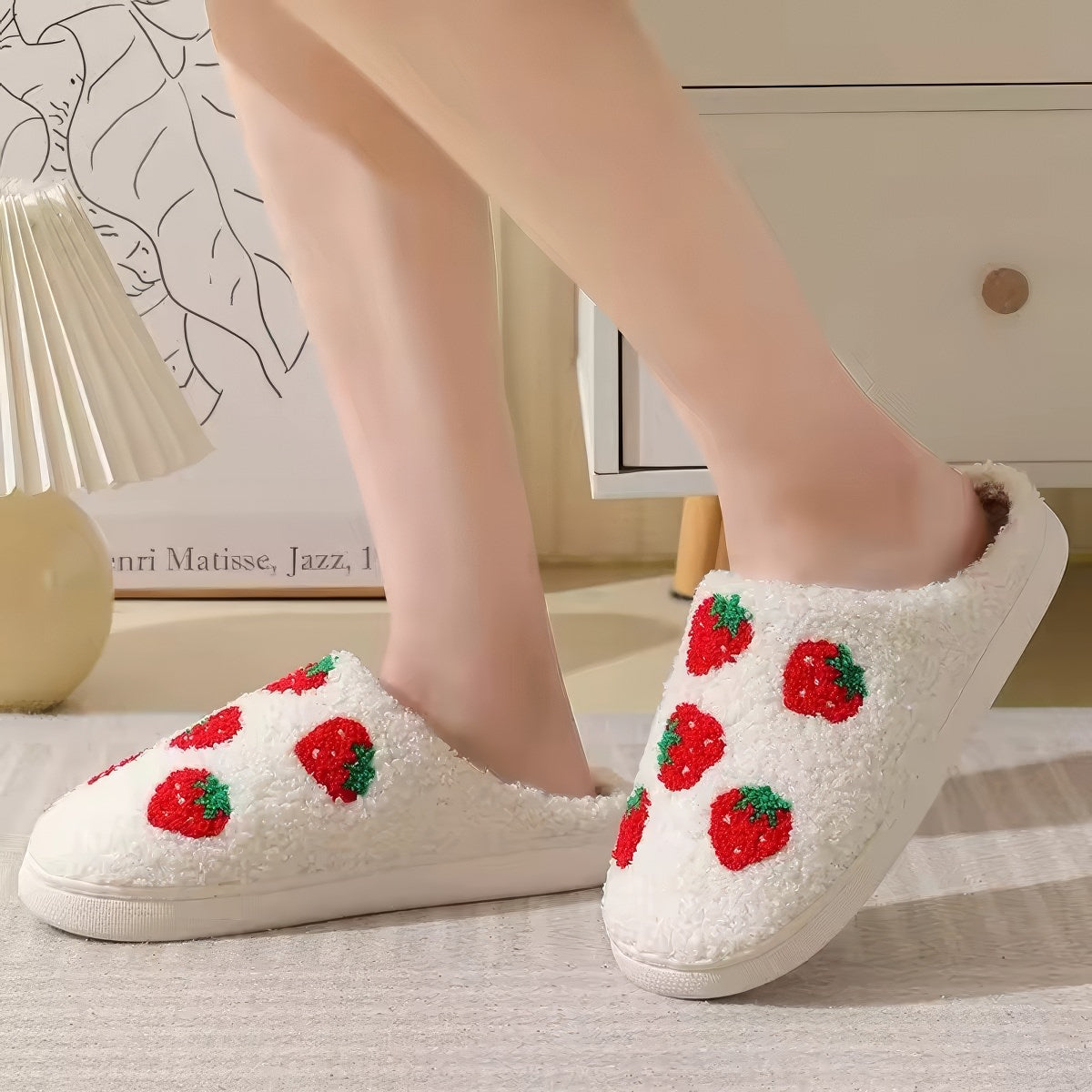 Strawberry Print Slippers — Soft Plush House Slippers for Indoor Lounging — Lifestyle 3