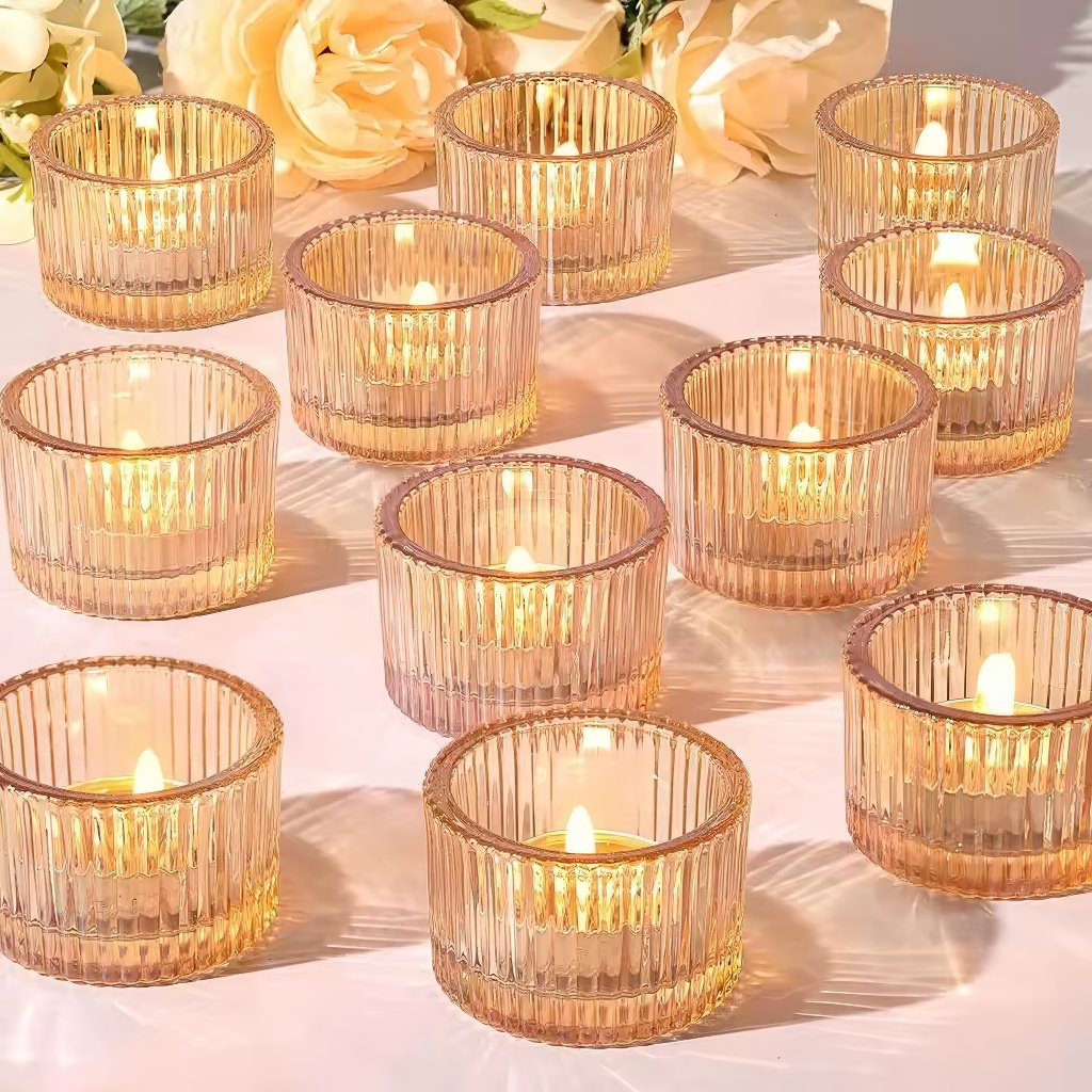 Ribbed Glass Tealight Candle Holder Set — Decorative Vase for Considered Styling — Front view